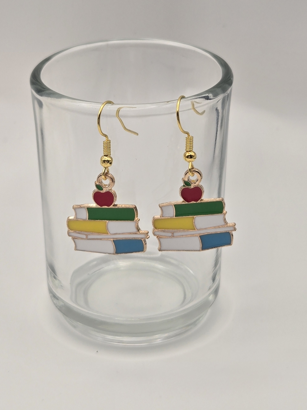Gold-Tone Enamel Stacked Book Drop Earrings with Red Apple Accent
